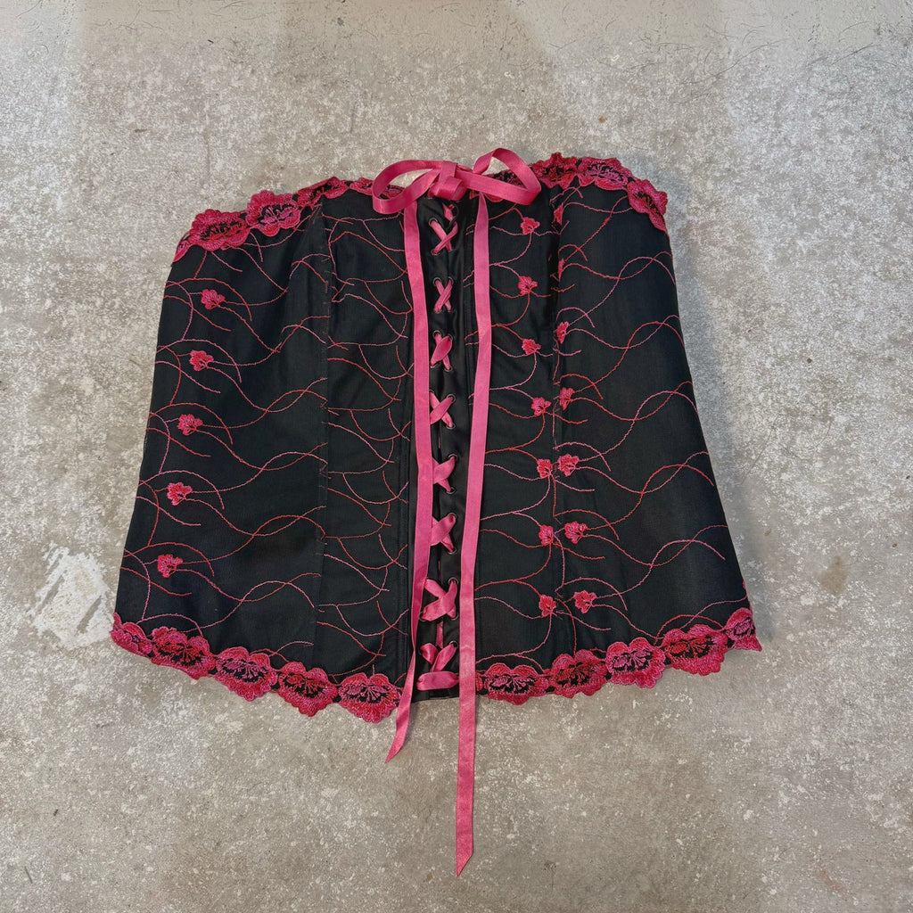 Cacique Black Floral Lace Up Corset Bustier Mesh Boned Lingerie Sz 26/28 NWT