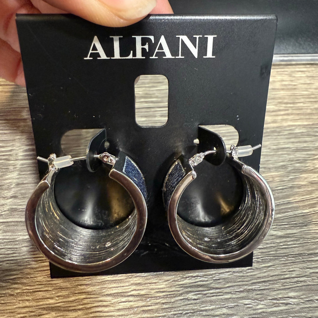 Alfani Silver Tone Denim Wrapped Wrangler Hoop Earrings NWT