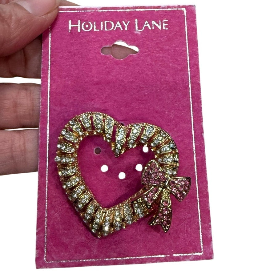 Holiday Lane Gold Tone Pave Heart & Bow Pin Brooch NWT