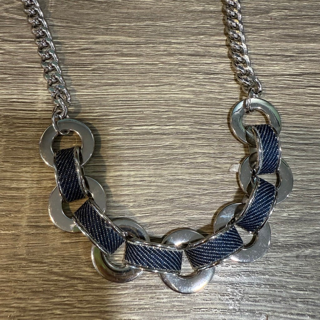 Copied - Alfani Silver Tone Denim Wrapped Ring Wrangler Necklace NWT