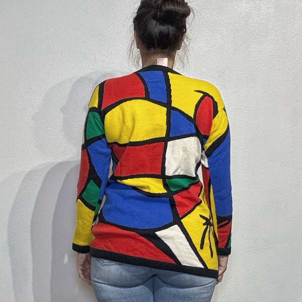 Adrienne Vittadini White Multicolor Geometric Abstract Knit Sweater Sz S NWT