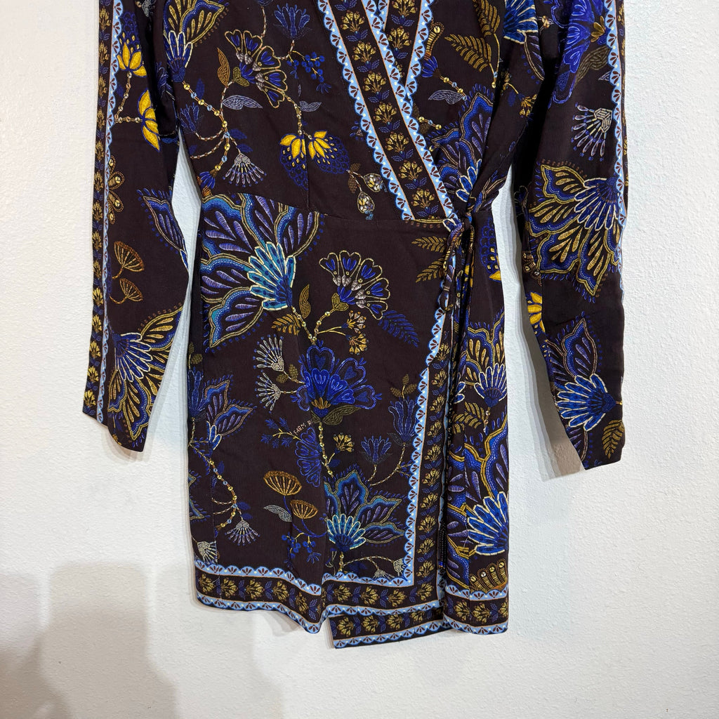 FARM Rio Brown Embroidered Garden Wrap Mini Dress Long Sleeve NWT Sz XS