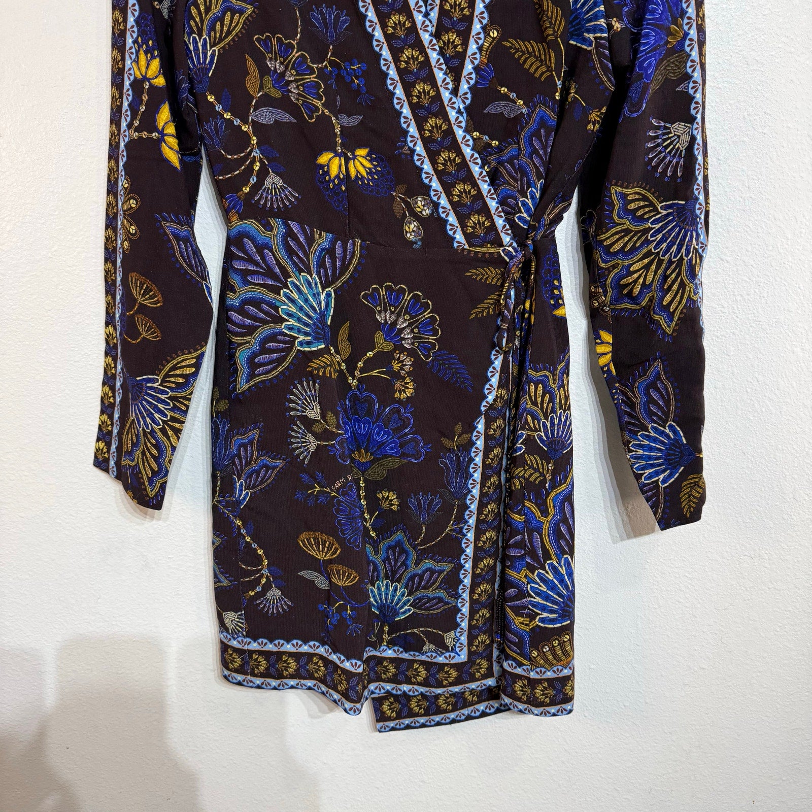 FARM Rio Brown Embroidered Garden Wrap Mini Dress Long Sleeve NWT Sz XS