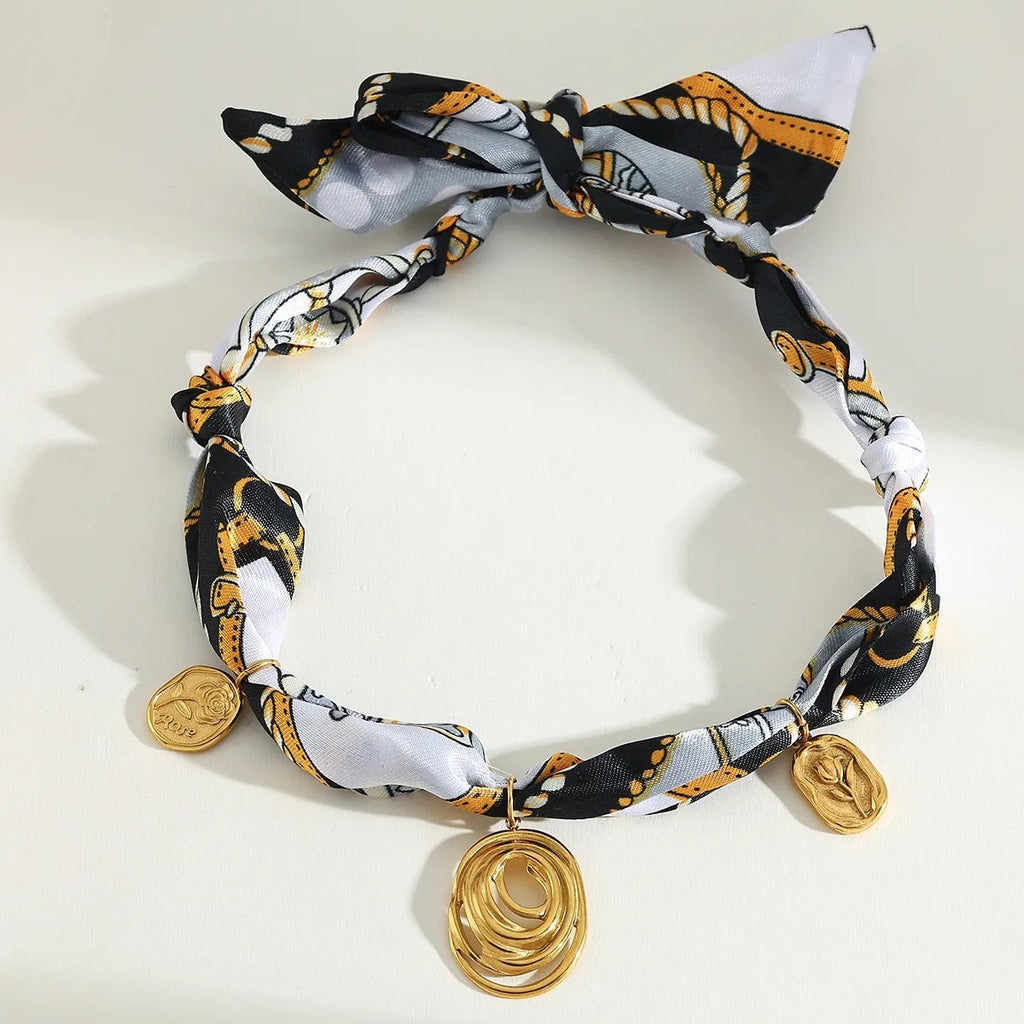 Chain Print Scarf Necklace Gold Spiral Pendant Statement Necklace NIB