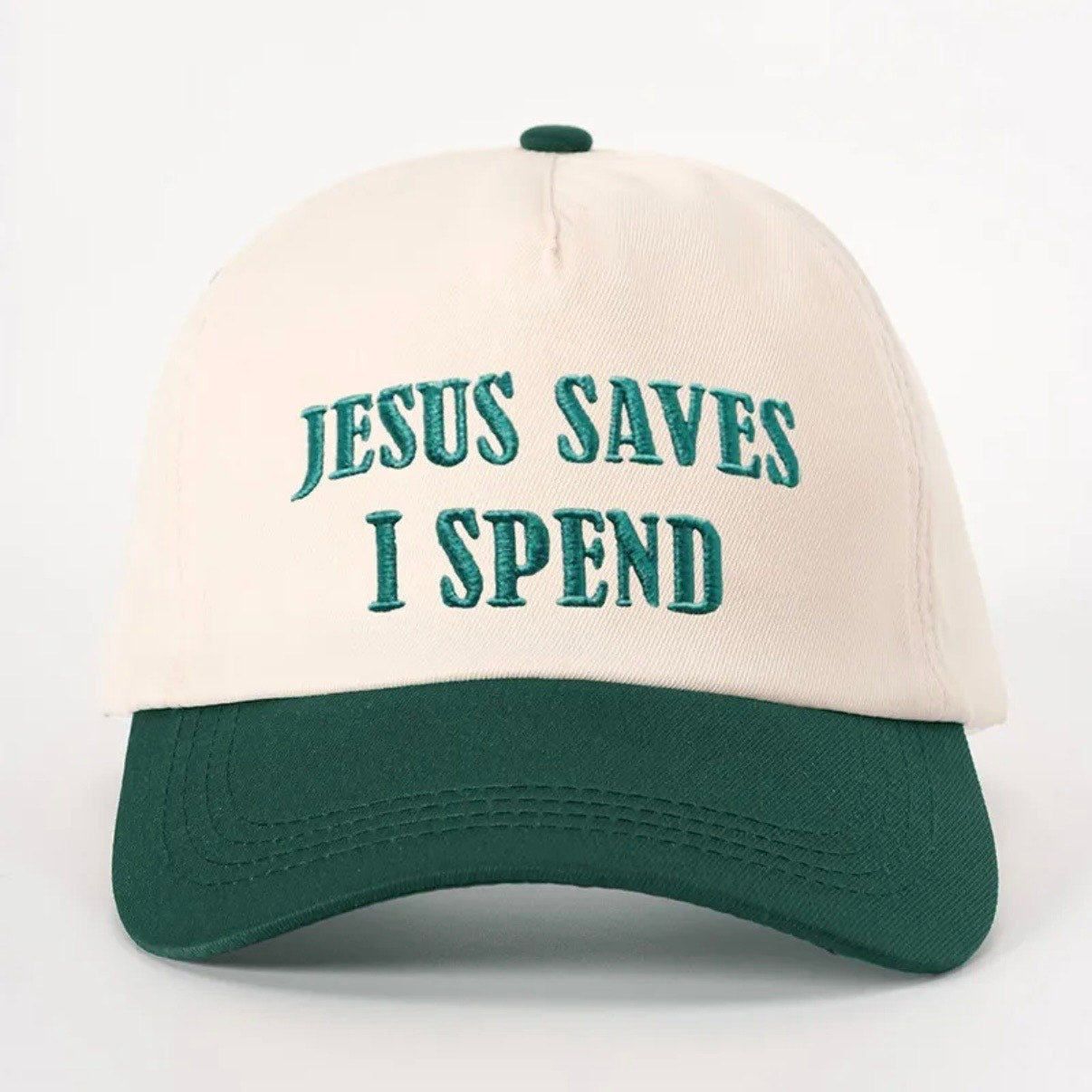 Jesus Saves I Spend Dark Green Embroidered Baseball Hat Adjustable Cap NWT