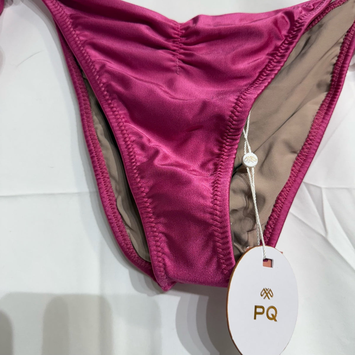 PQ Swim Pink Ruched Side Tie Bikini Bottom Sz L NWT