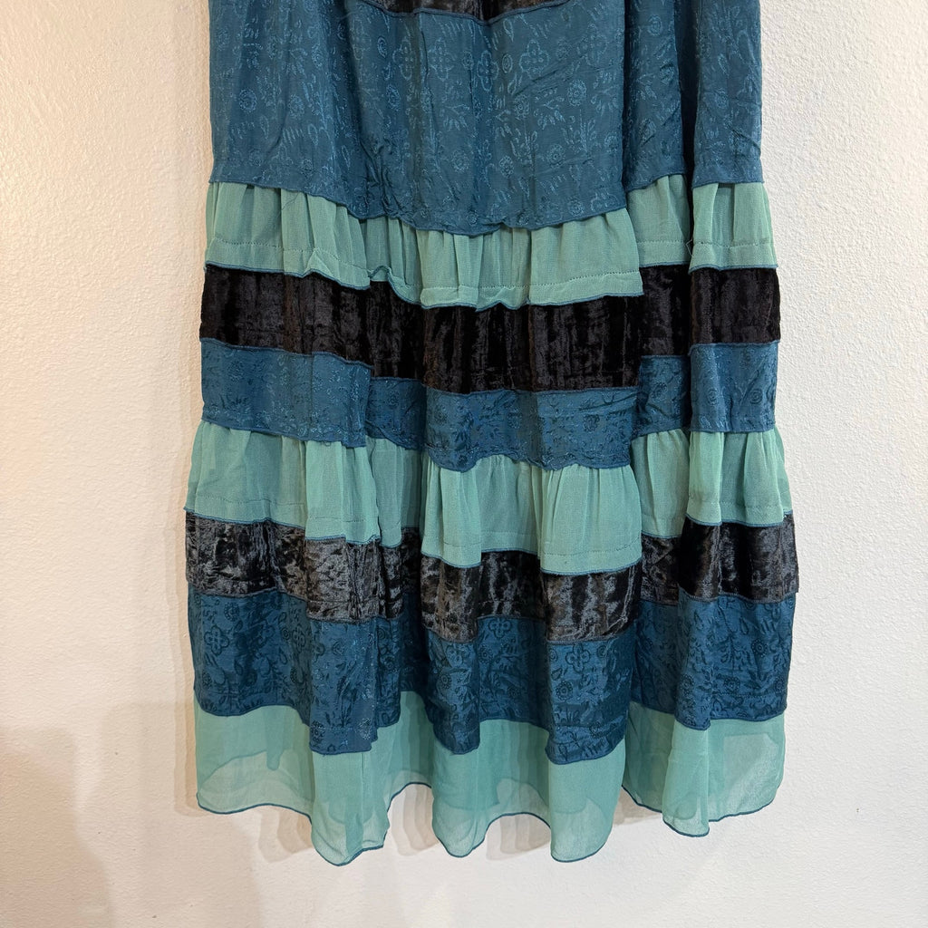 Agapo Teal Tiered Velvet Jacquard Boho Midi Skirt Sz S NWT