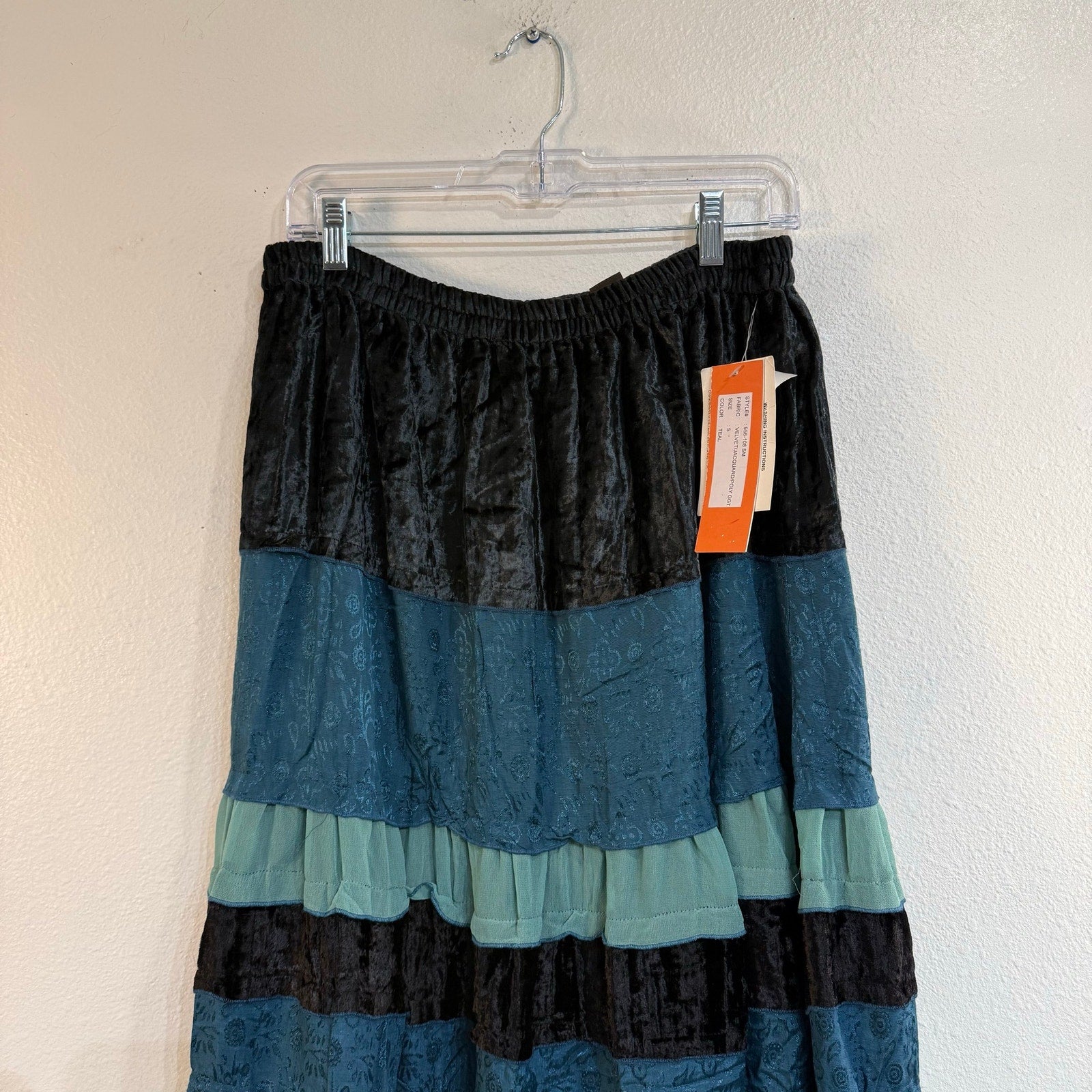 Agapo Teal Tiered Velvet Jacquard Boho Midi Skirt Sz S NWT