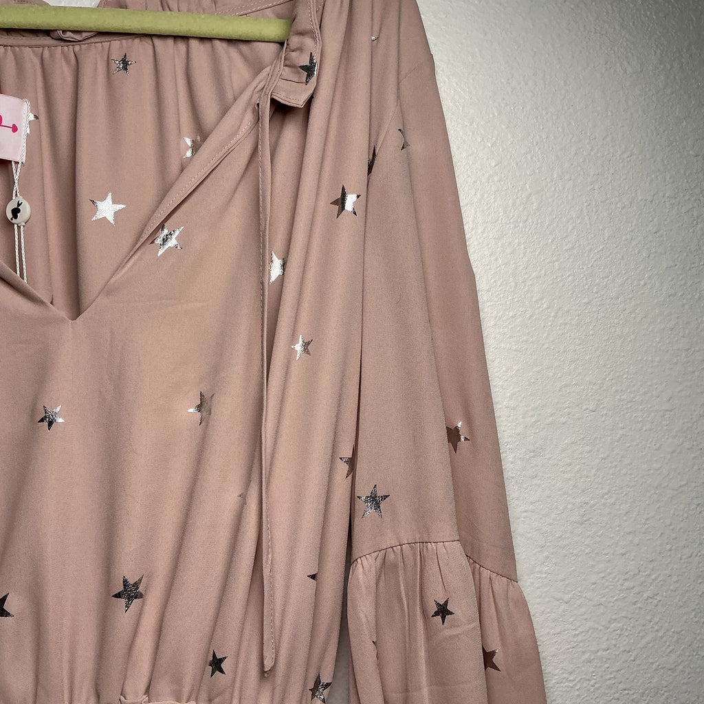 Buddy Love Pink Silver Metallic Star Bell Sleeve Dress Sz S NWT