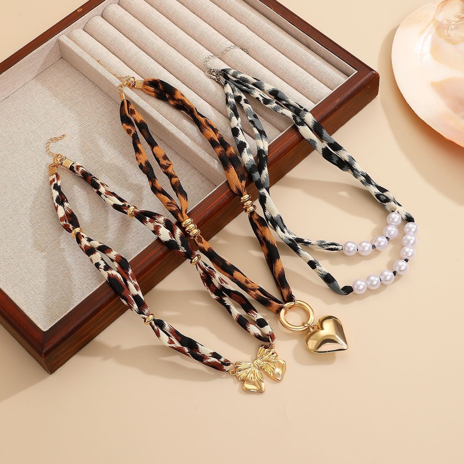 Leopard Print Scarf Necklace Gold Puffy Heart Pendant Statement Necklace NIB