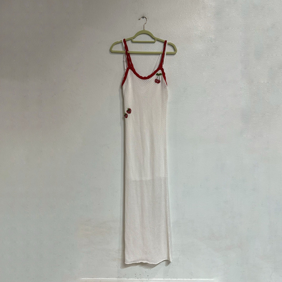 WAYF Cherry Appliqué Crochet Knit Maxi Dress Ivory Red Trim Sz L NWT