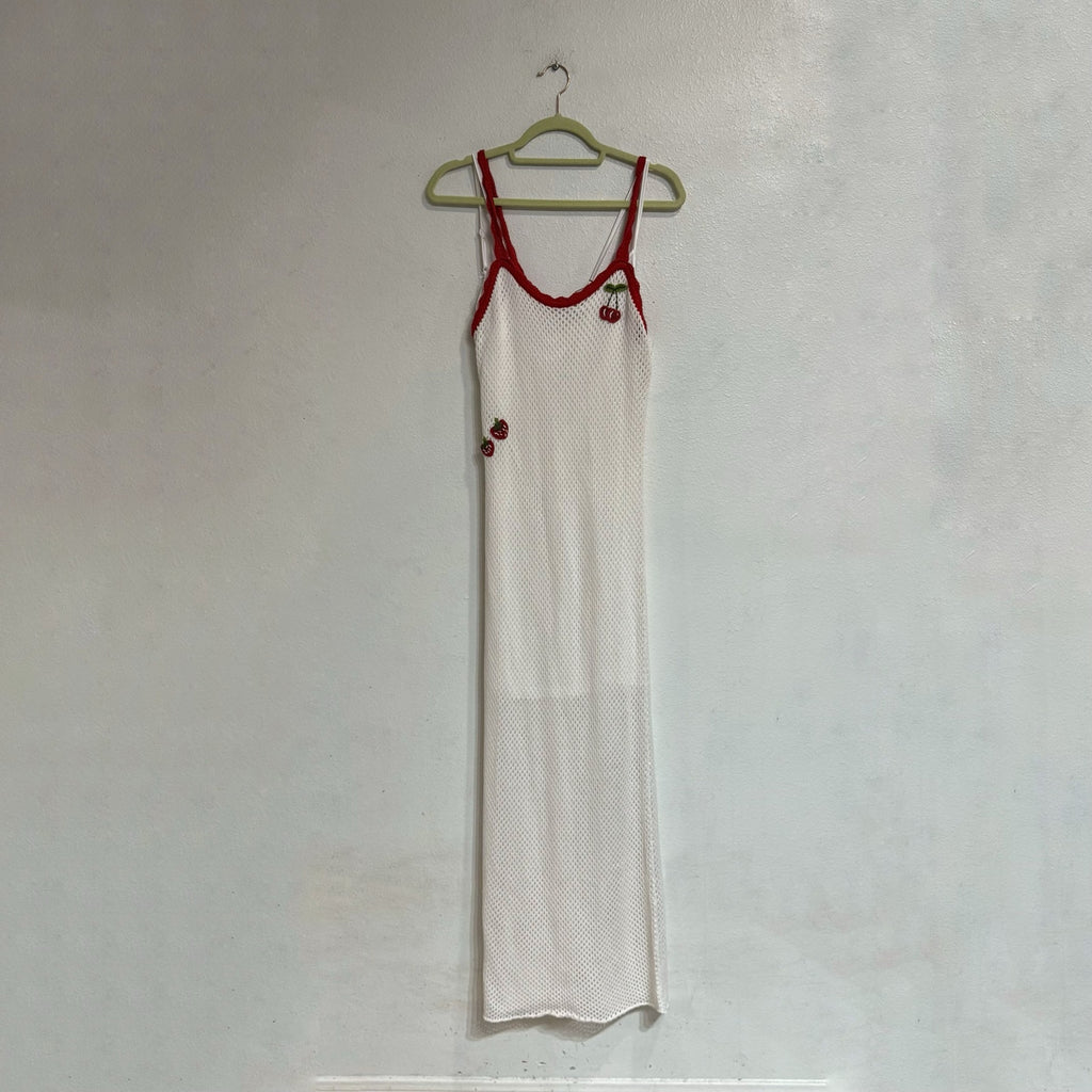 WAYF Cherry Appliqué Crochet Knit Maxi Dress Ivory Red Trim Sz L NWT