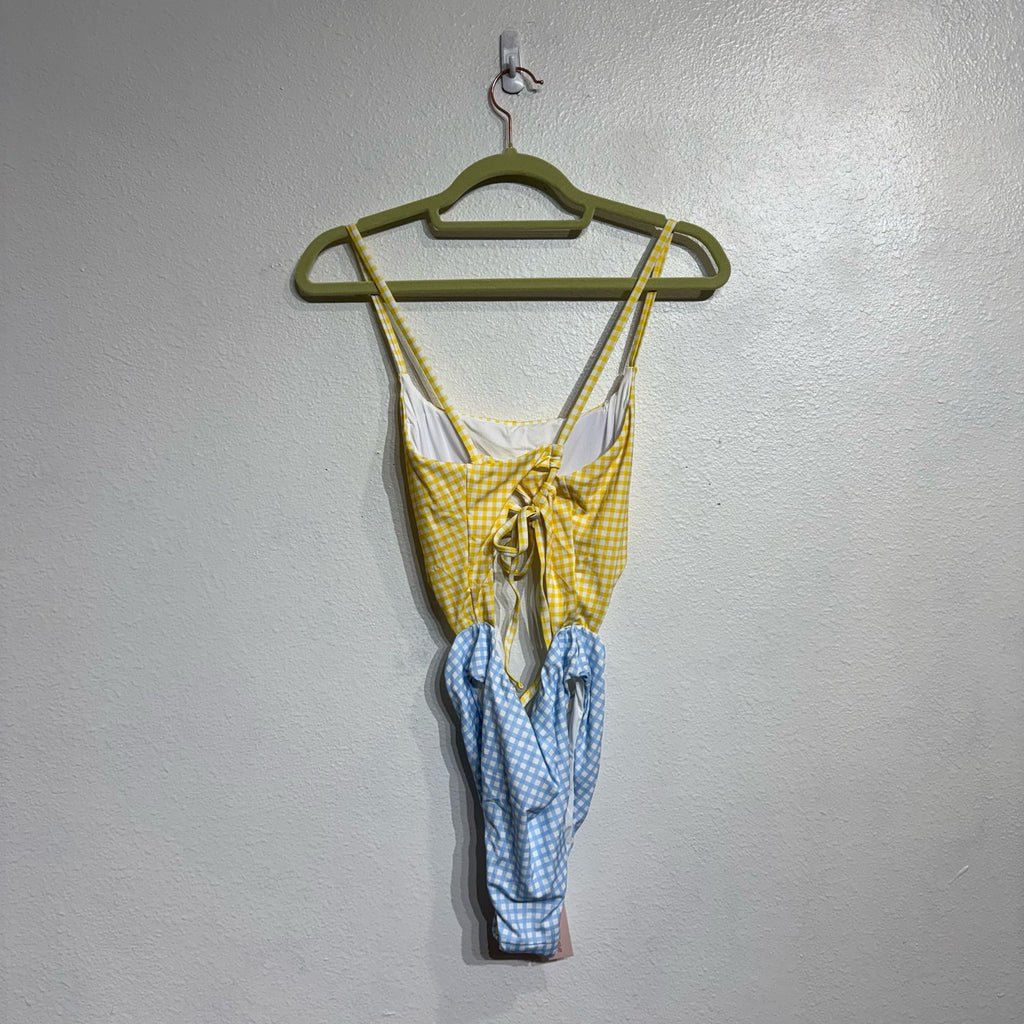 Aqua Swim Yellow Checkered Color Blocked Cut Out One Piece Swimsuit Sz S NWT