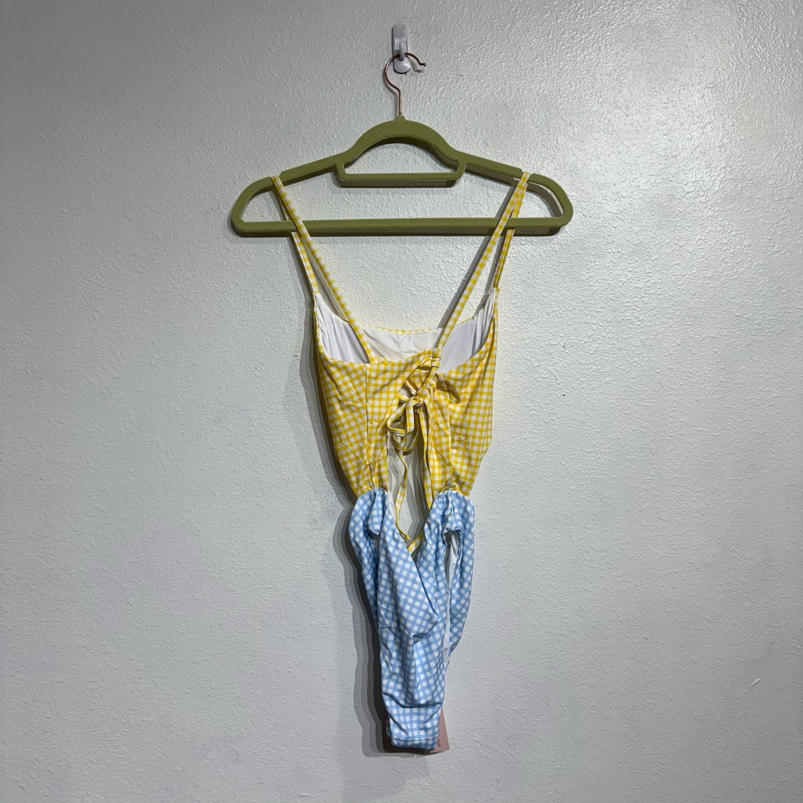 Aqua Swim Yellow Checkered Color Blocked Cut Out One Piece Swimsuit Sz S NWT