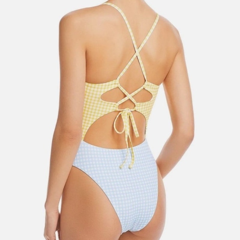 Aqua Swim Yellow Checkered Color Blocked Cut Out One Piece Swimsuit Sz S NWT