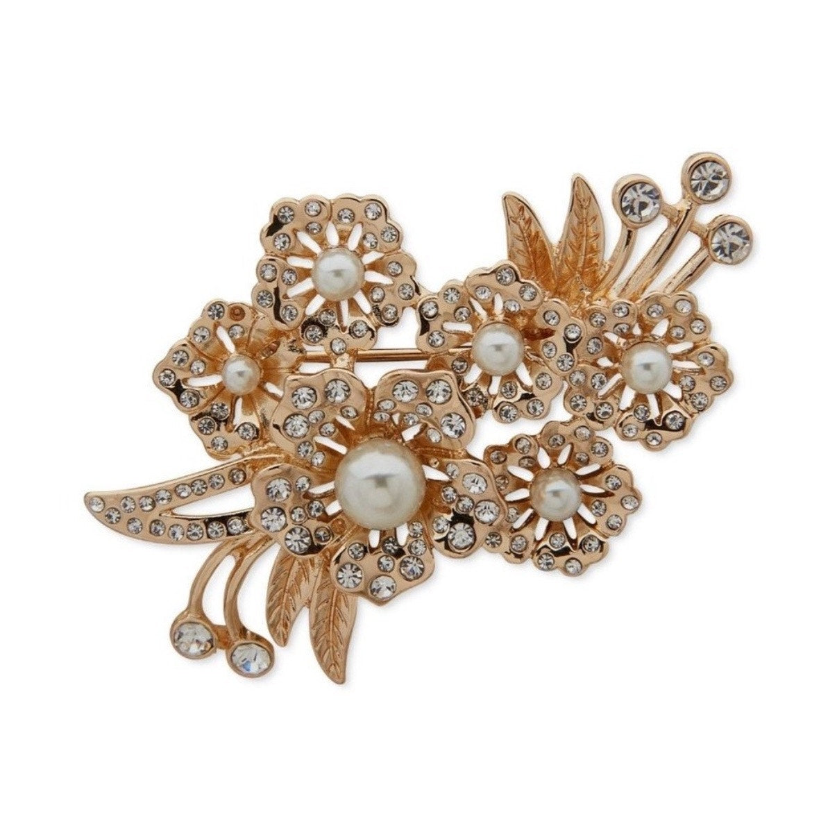 Anne Klein Gold Tone Imitation Crystal Pearl Flower Cluster Pin Brooch NWT