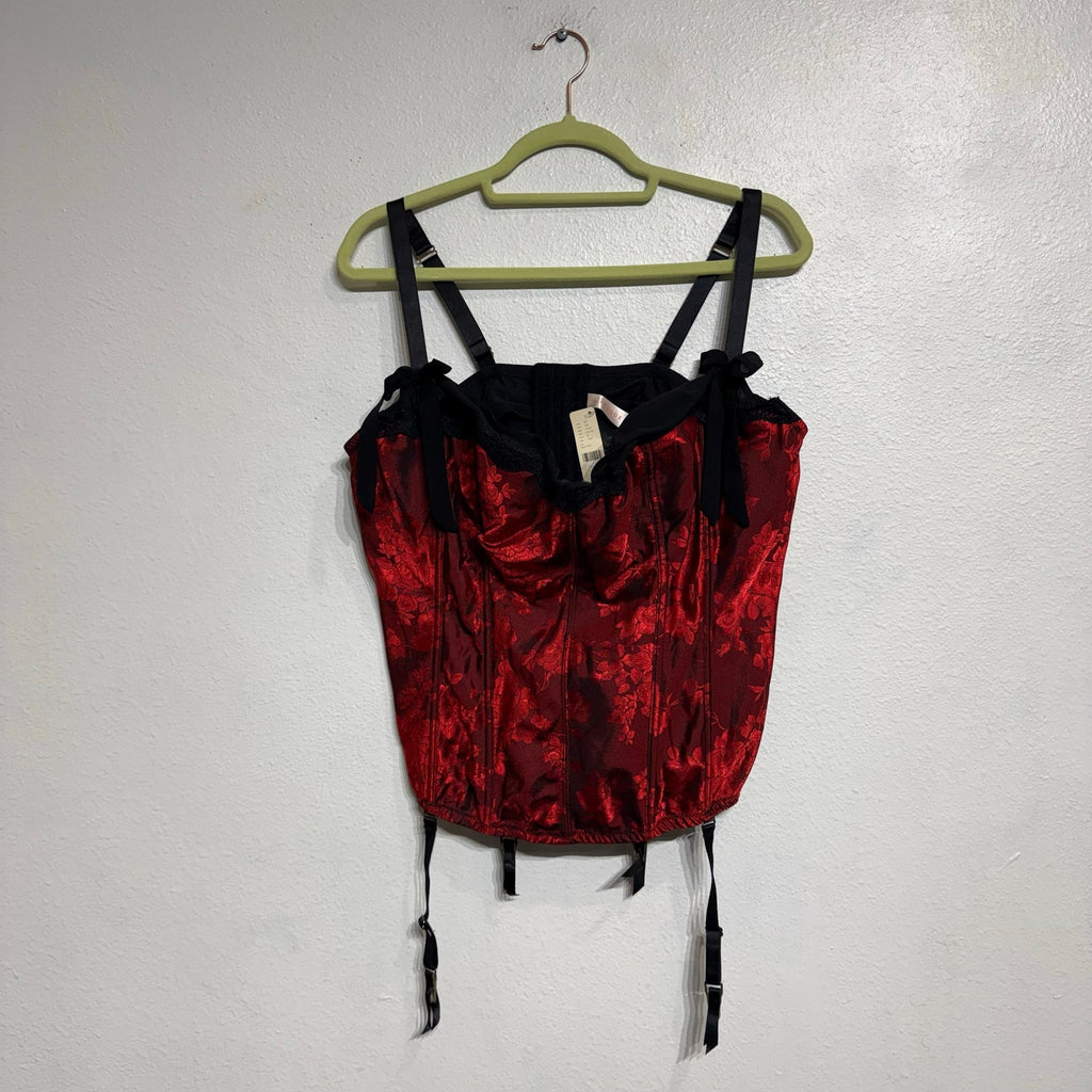 Cacique Red Floral Satin Corset Bustier Top With Garters Sz 26 NWT
