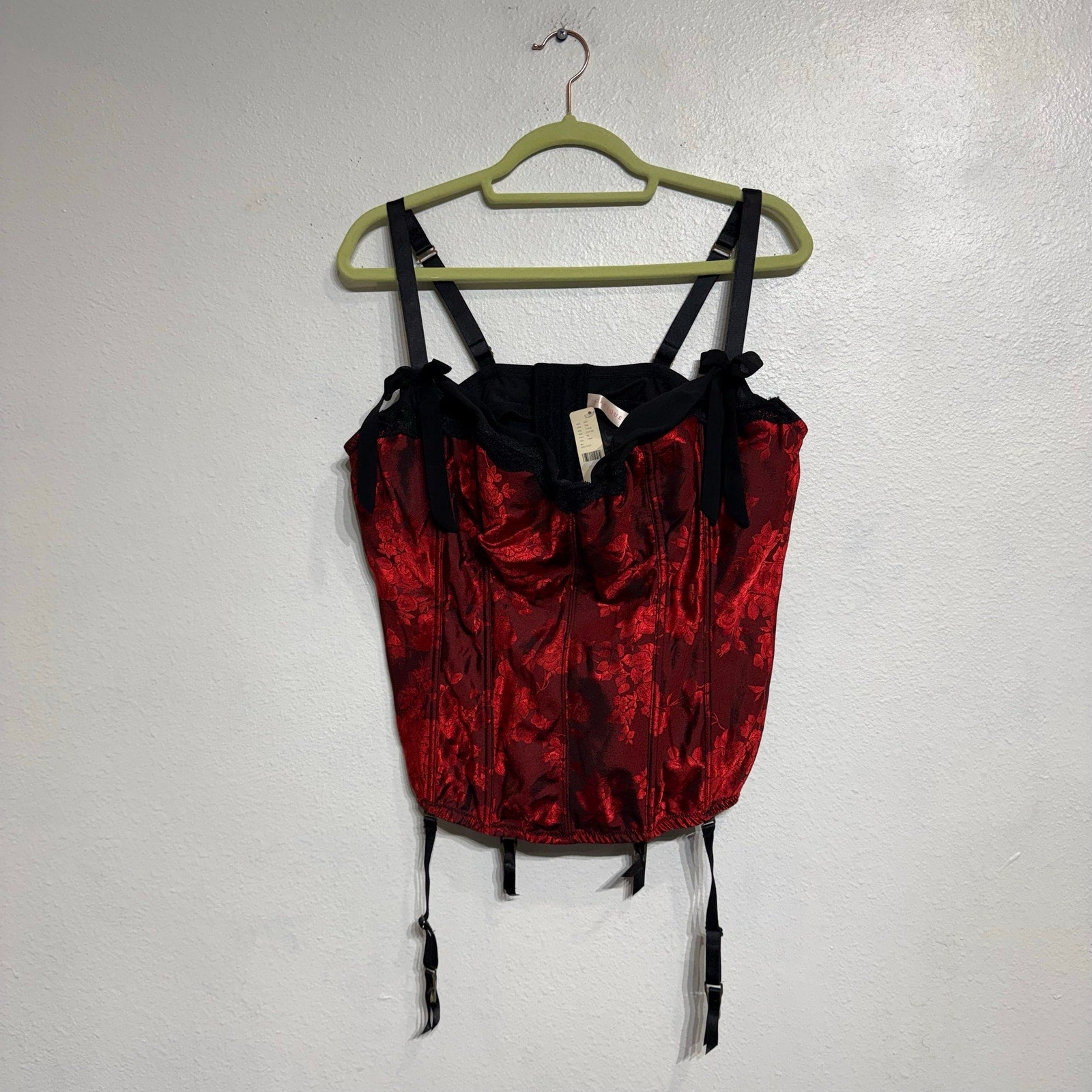 Cacique Red Floral Satin Corset Bustier Top With Garters Sz 26 NWT