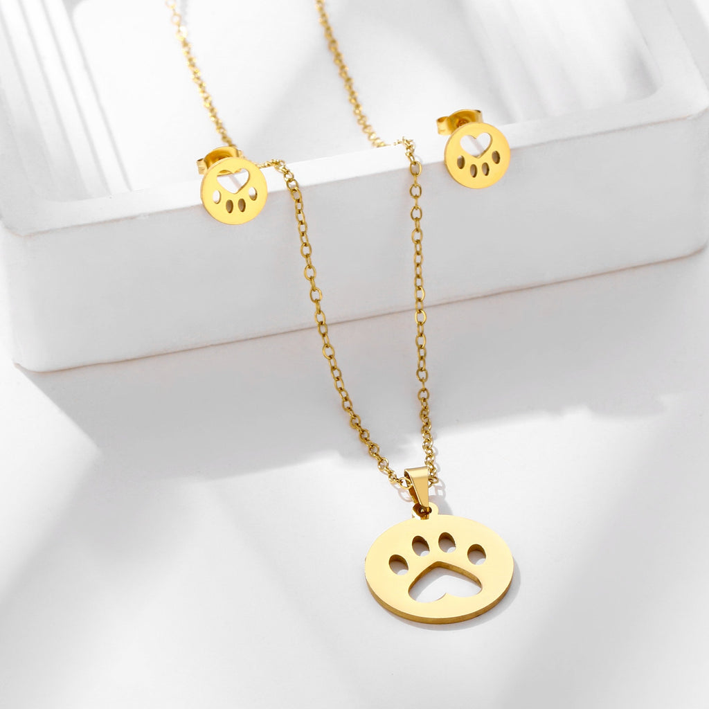 Gold Paw Print Necklace & Stud Earrings Set Pet Lover Jewelry NWOT