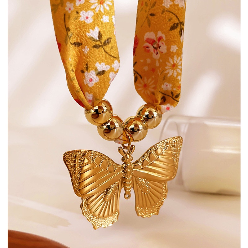 Floral Scarf Necklace Gold Butterfly Pendant Statement Necklace NIB