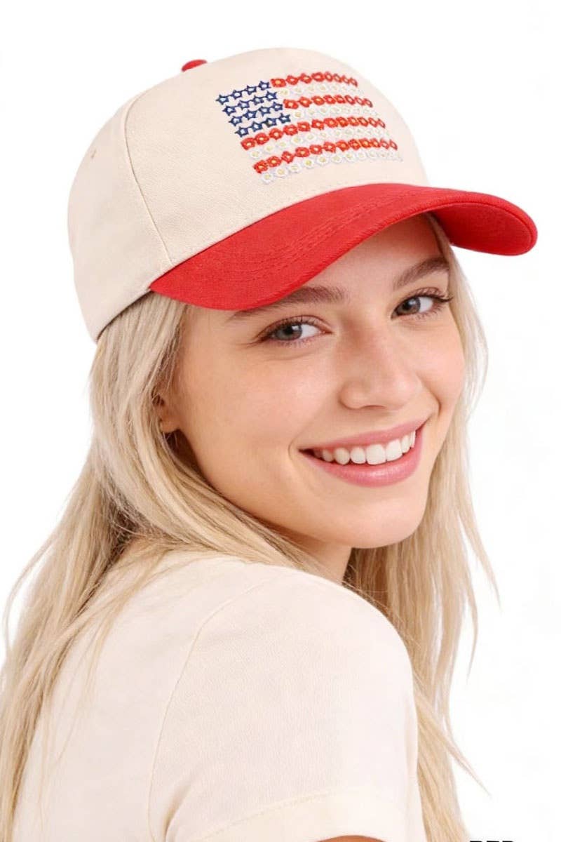 `0403 Star Floral American Flag Two Tone Cotton Hat SI-29571