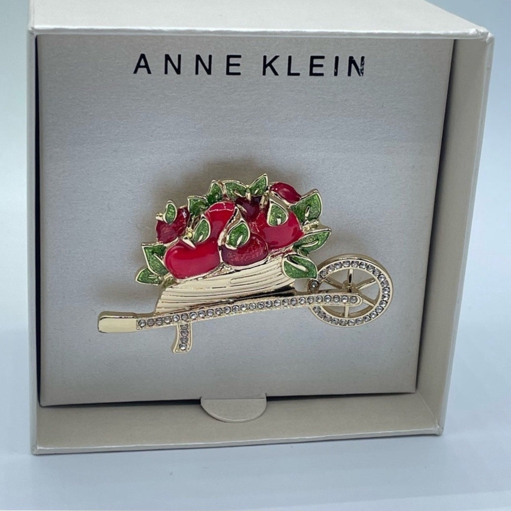 ANNE KLEIN Gold Tone Pavé Crystal Apple Wheelbarrow Pin Brooch NWT