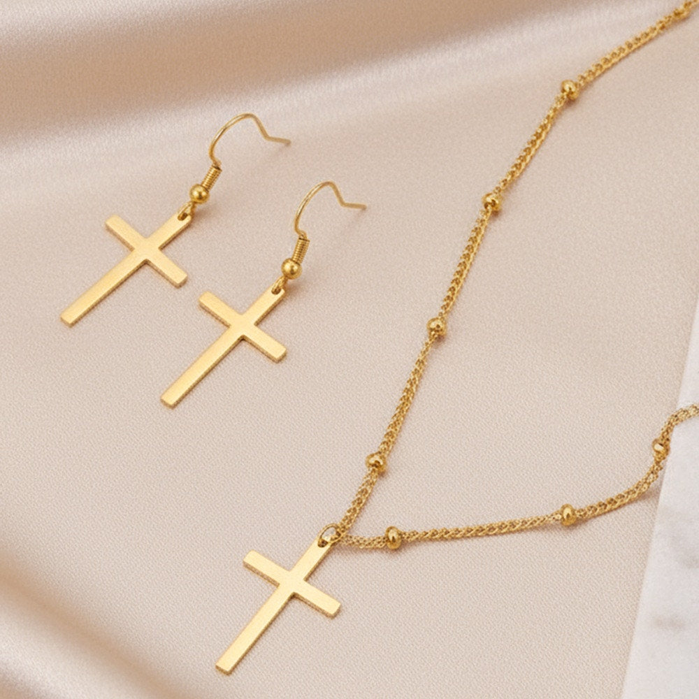 Gold Tone Cross Necklace & Earrings Set Faith Jewelry NWT