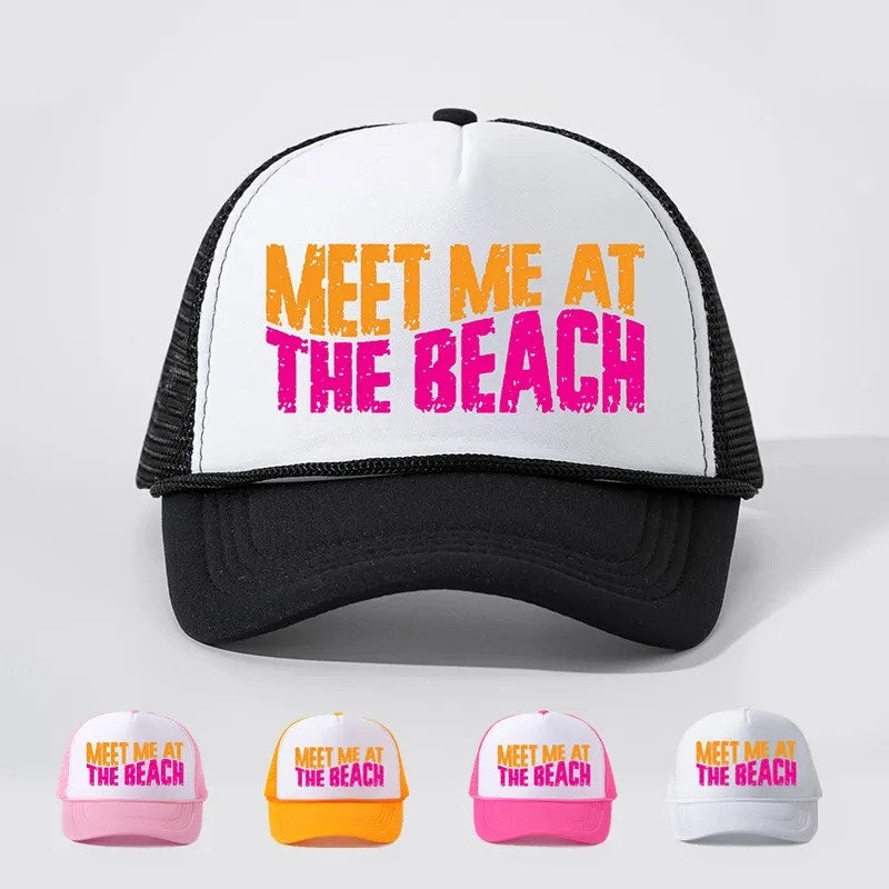 Meet Me at the Beach Black Retro Summer Snapback Mesh Trucker Hat NWOT