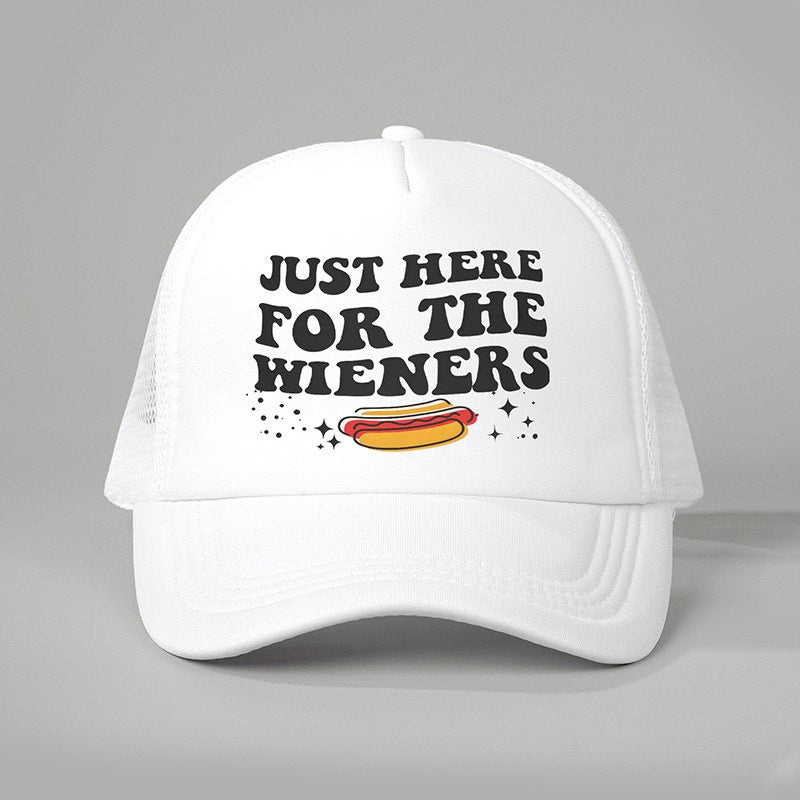 Just Here for the Wieners White Funny Graphic Mesh Trucker Hat NWOT