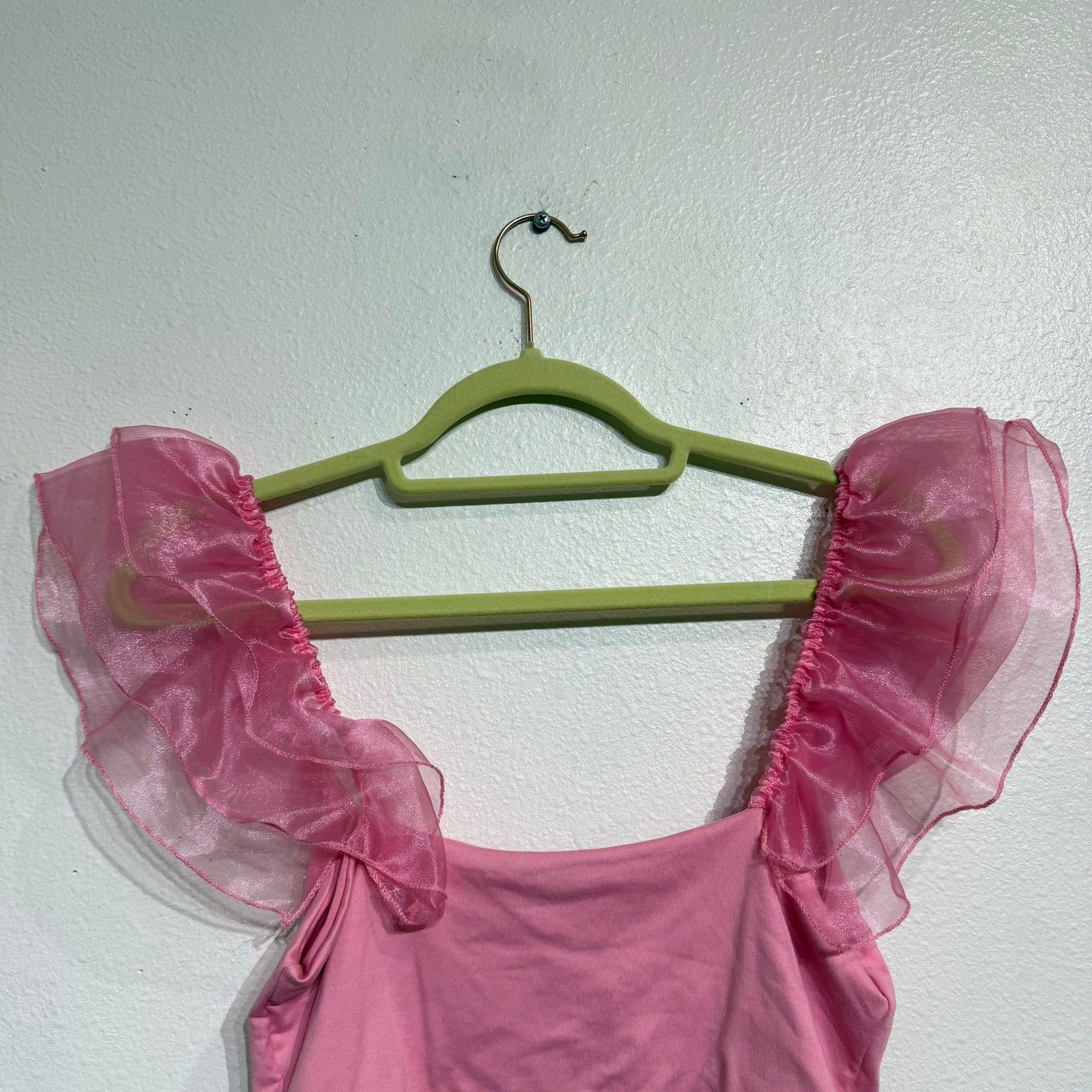 Anything Bling Pink Ruffle Mesh Sleeve Crop Top Sz S NWT