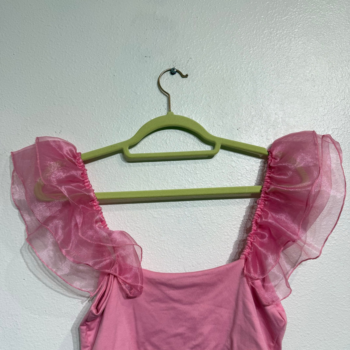 Anything Bling Pink Ruffle Mesh Sleeve Crop Top Sz S NWT