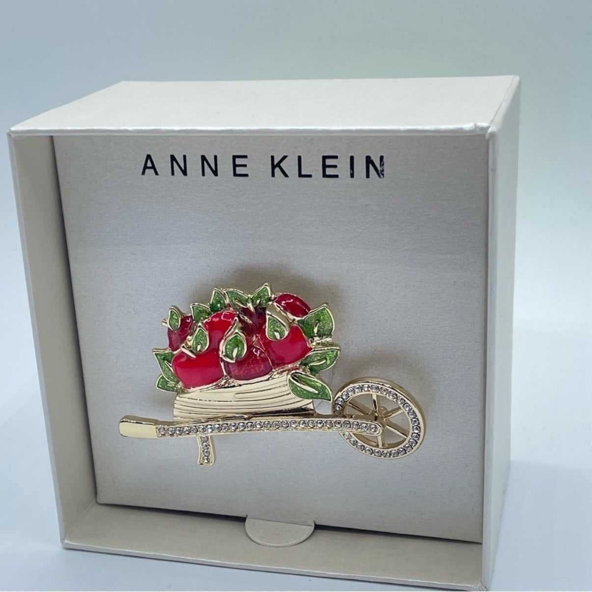 ANNE KLEIN Gold Tone Pavé Crystal Apple Wheelbarrow Pin Brooch NWT