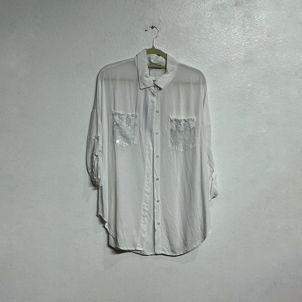 Grey Violet White Bedazzled Button Down Blouse Sz XS NWT