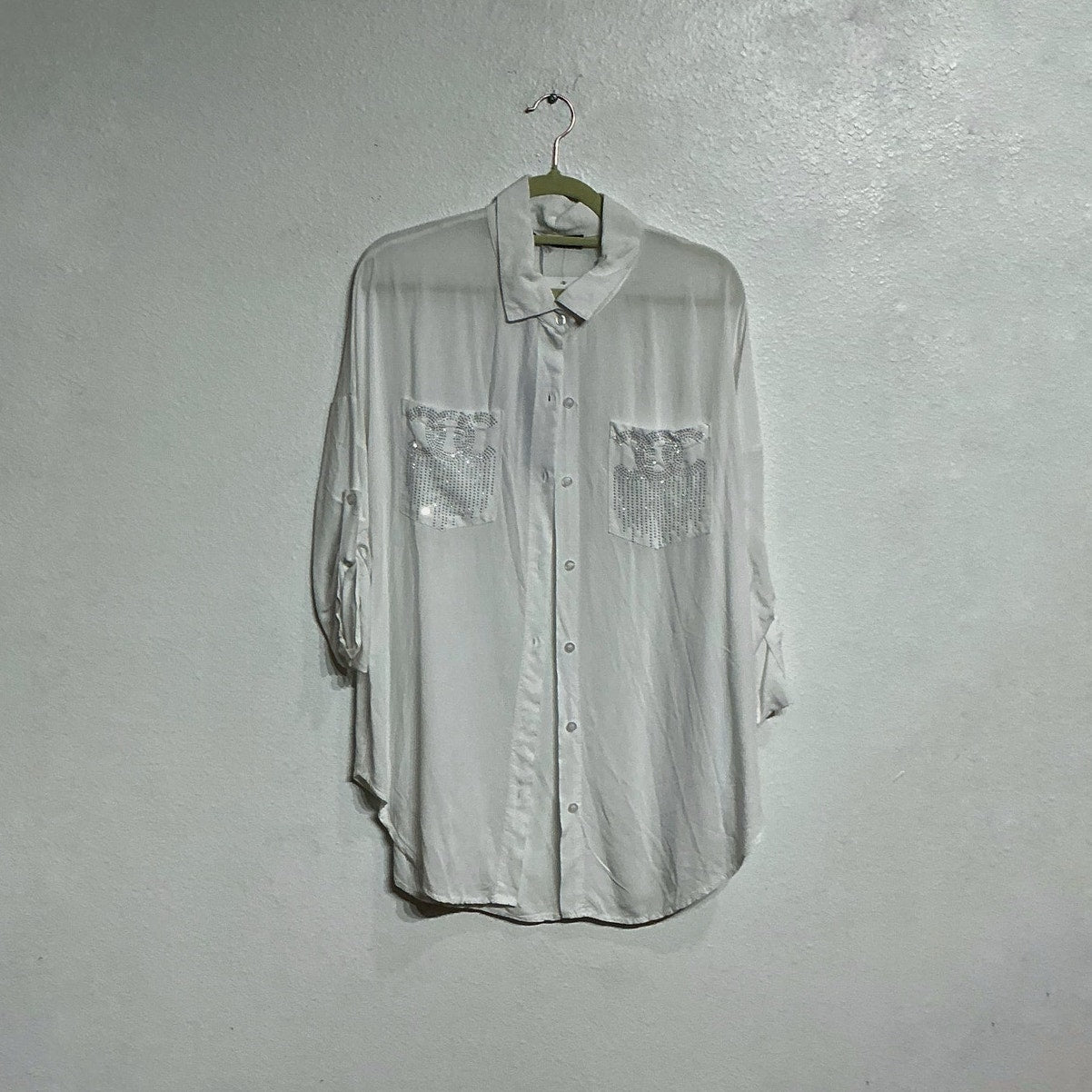 Grey Violet White Bedazzled Button Down Blouse Sz XS NWT