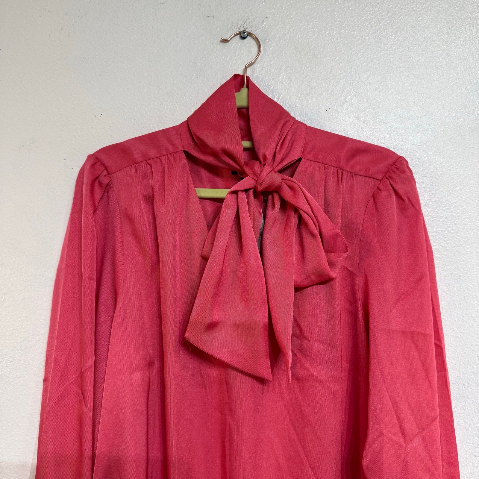 Ann Taylor Pink Tie Neck Blouse Long Sleeve Satin Top NWT Sz L