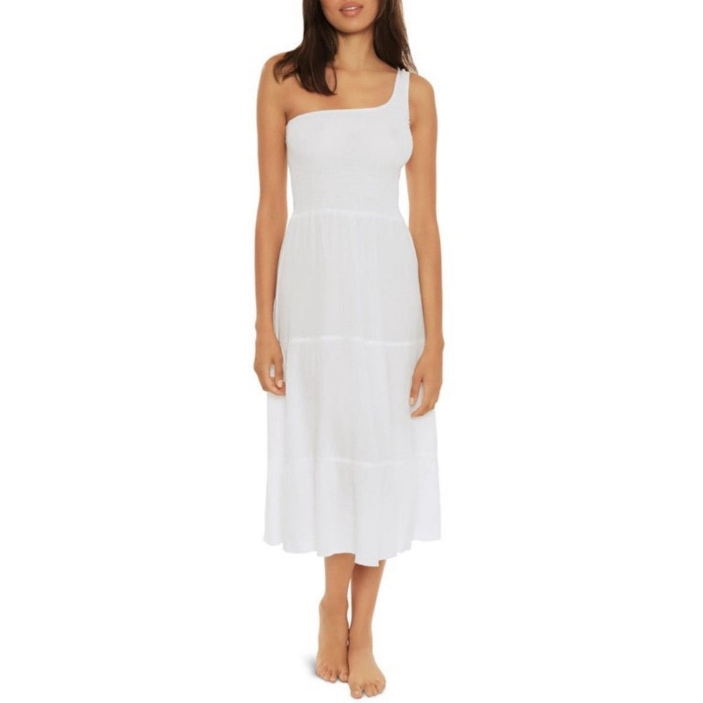 Becca Swim White Ponza Smocked One Shoulder Dress Sz S NWT