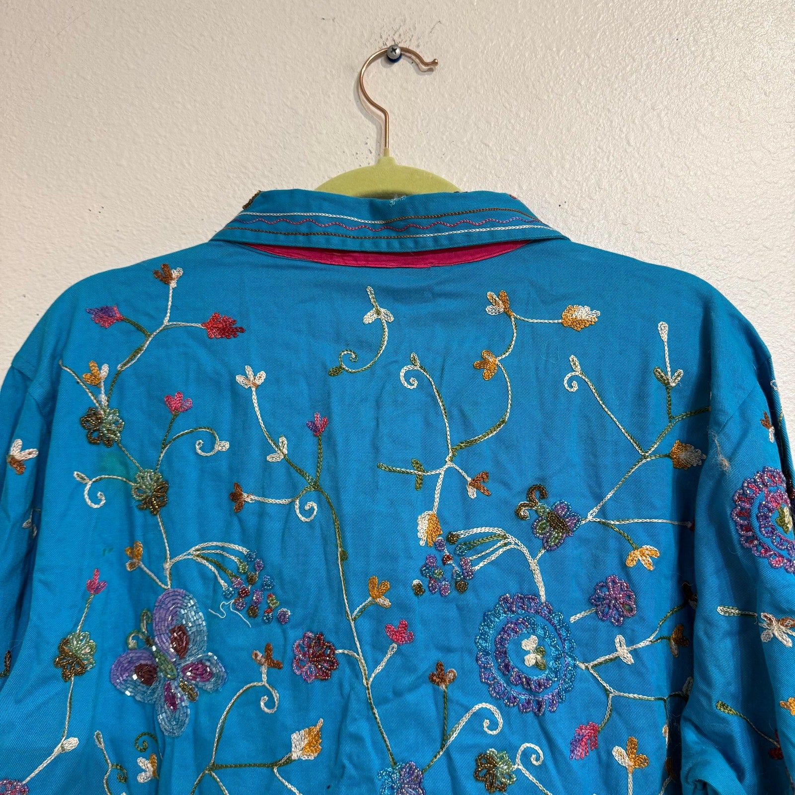 The Quacker Factory Blue Embroidered Beaded Boho Jacket Sz L NWT