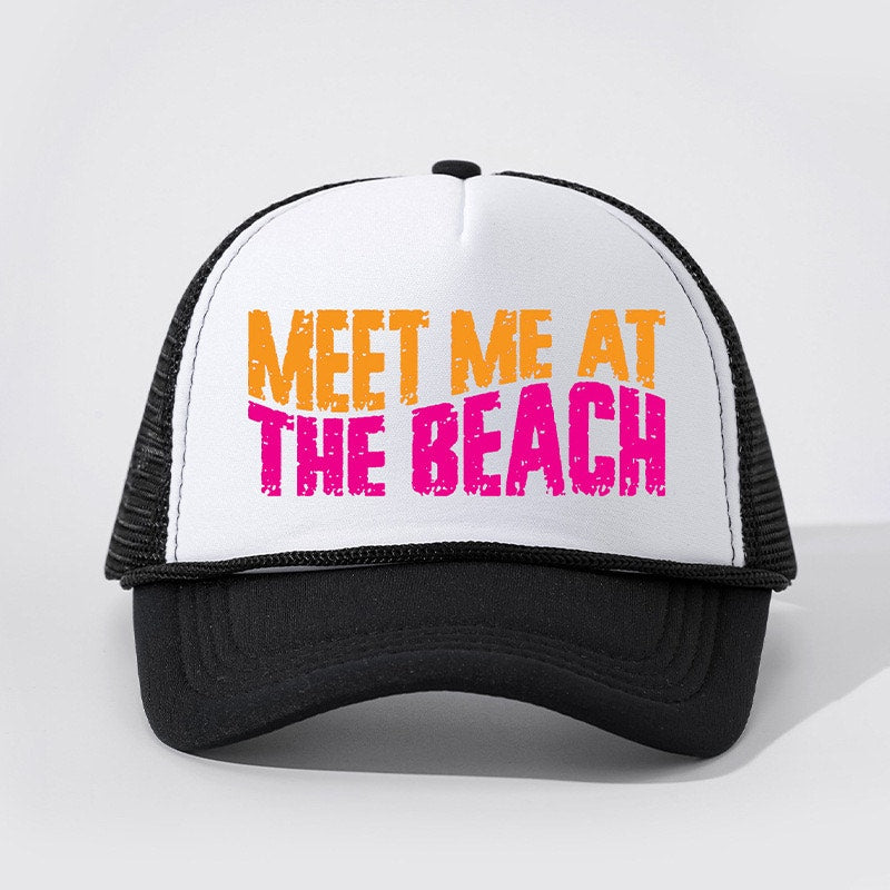 Meet Me at the Beach Black Retro Summer Snapback Mesh Trucker Hat NWOT