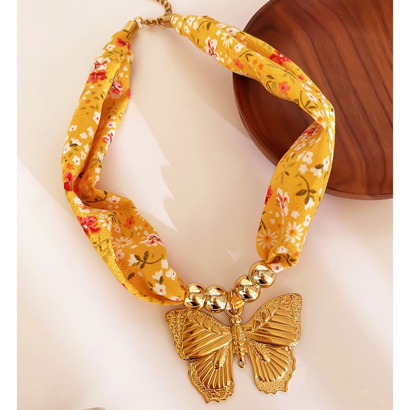 Floral Scarf Necklace Gold Butterfly Pendant Statement Necklace NIB