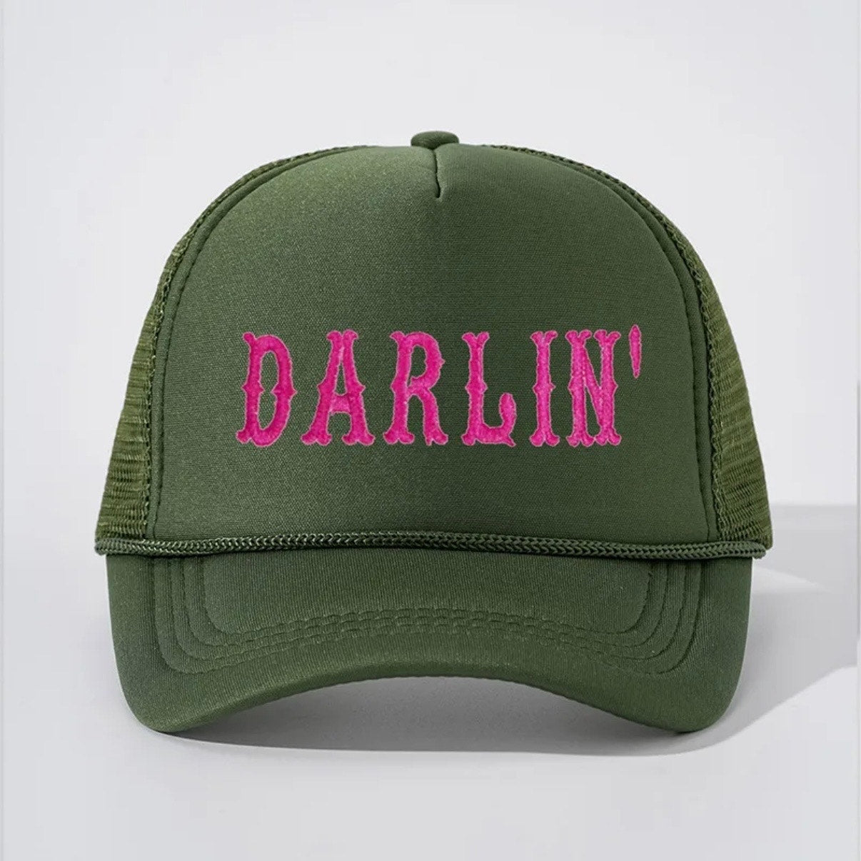 Darlin’ Army Green Pink Western Graphic Adjustable Mesh Trucker Hat NWT