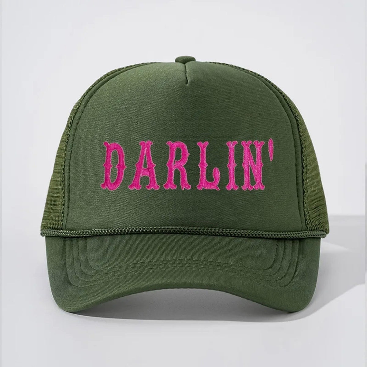 Darlin’ Army Green Pink Western Graphic Adjustable Mesh Trucker Hat NWT
