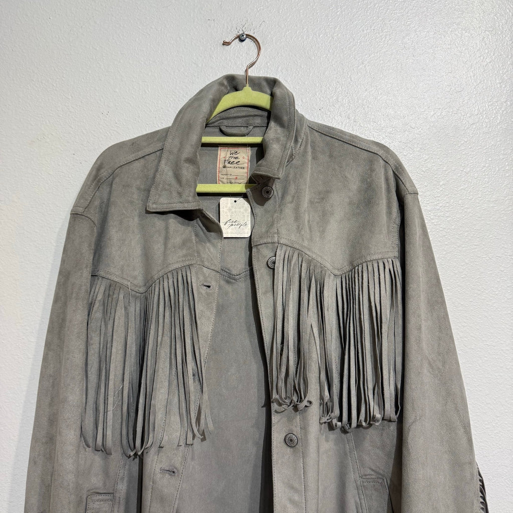 We The Free Flint Gray Fringe Out Vegan Suede Oversized Shacket Sz S NWT