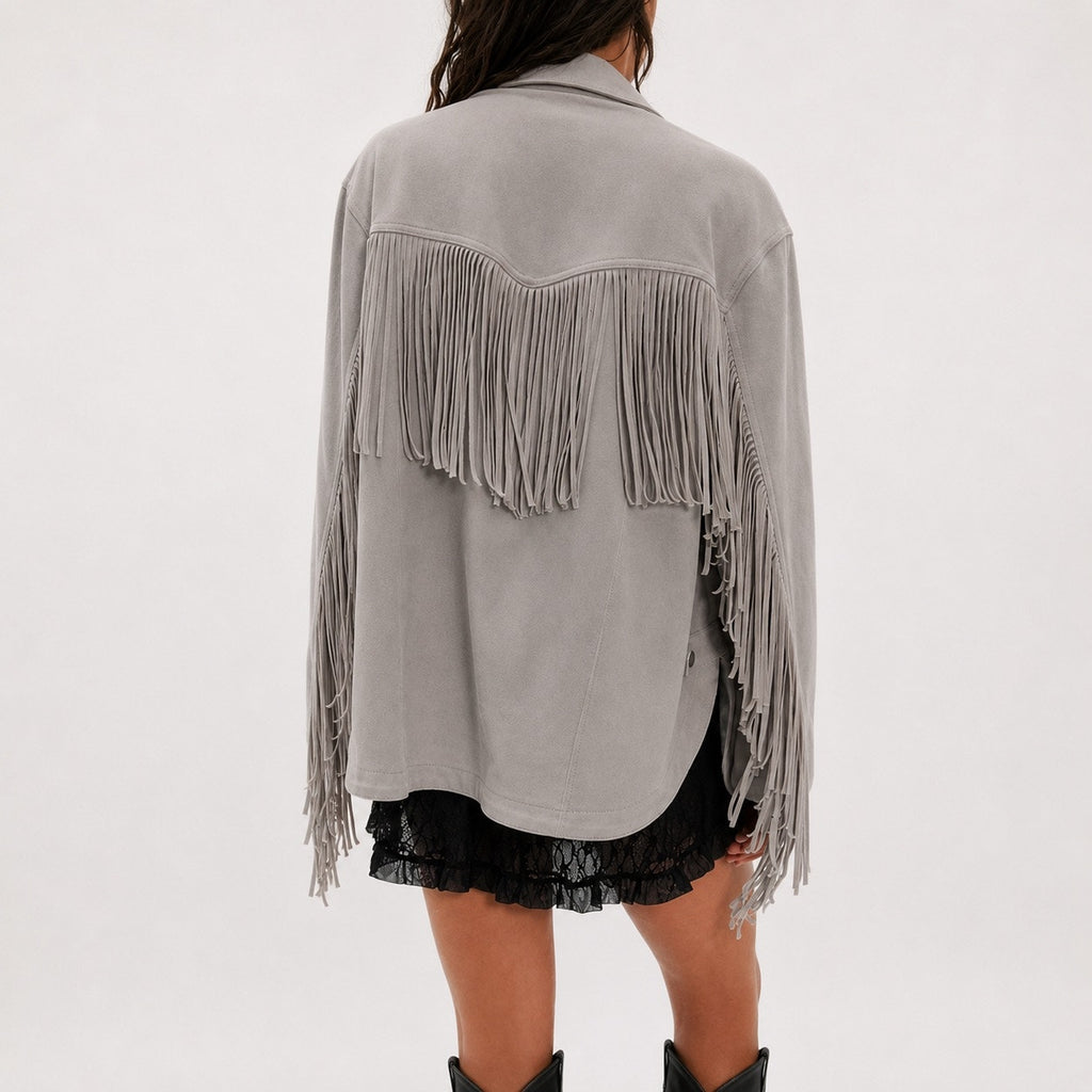 We The Free Flint Gray Fringe Out Vegan Suede Oversized Shacket Sz S NWT