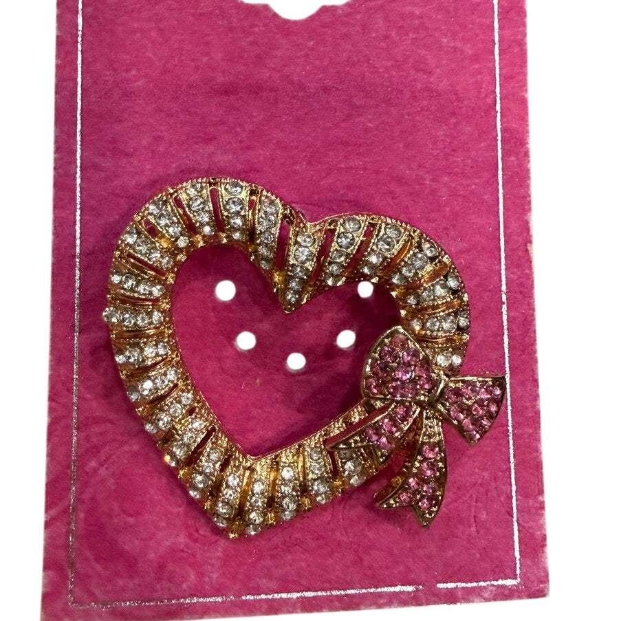 Holiday Lane Gold Tone Pave Heart & Bow Pin Brooch NWT