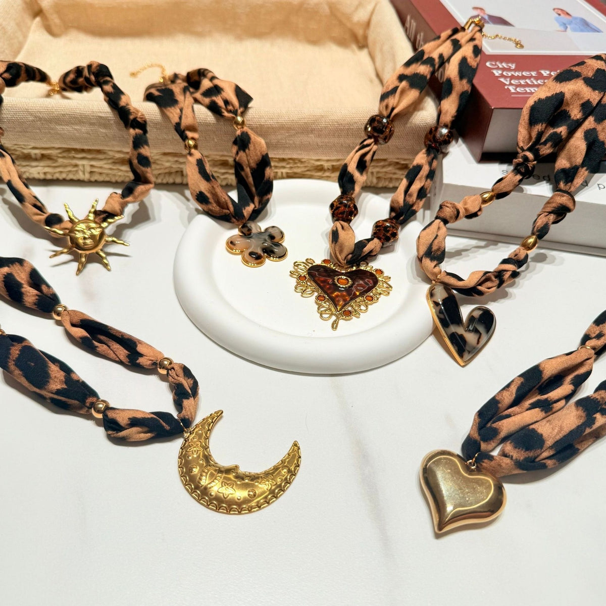 Leopard Print Scarf Necklace Gold Heart Pendant Statement Necklace NIB