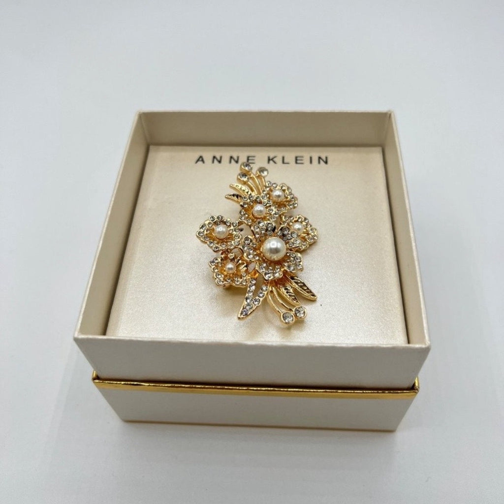 Anne Klein Gold Tone Imitation Crystal Pearl Flower Cluster Pin Brooch NWT