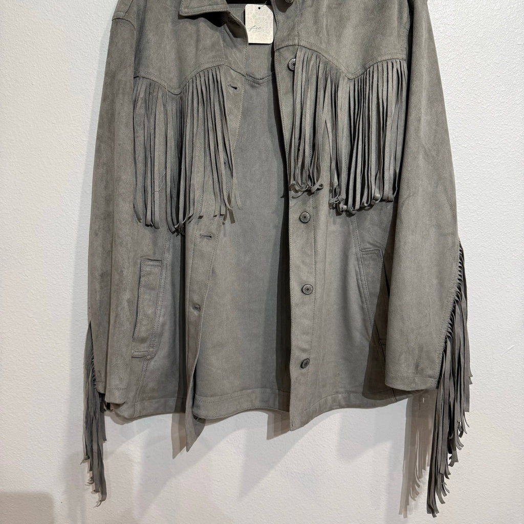 We The Free Flint Gray Fringe Out Vegan Suede Oversized Shacket Sz S NWT
