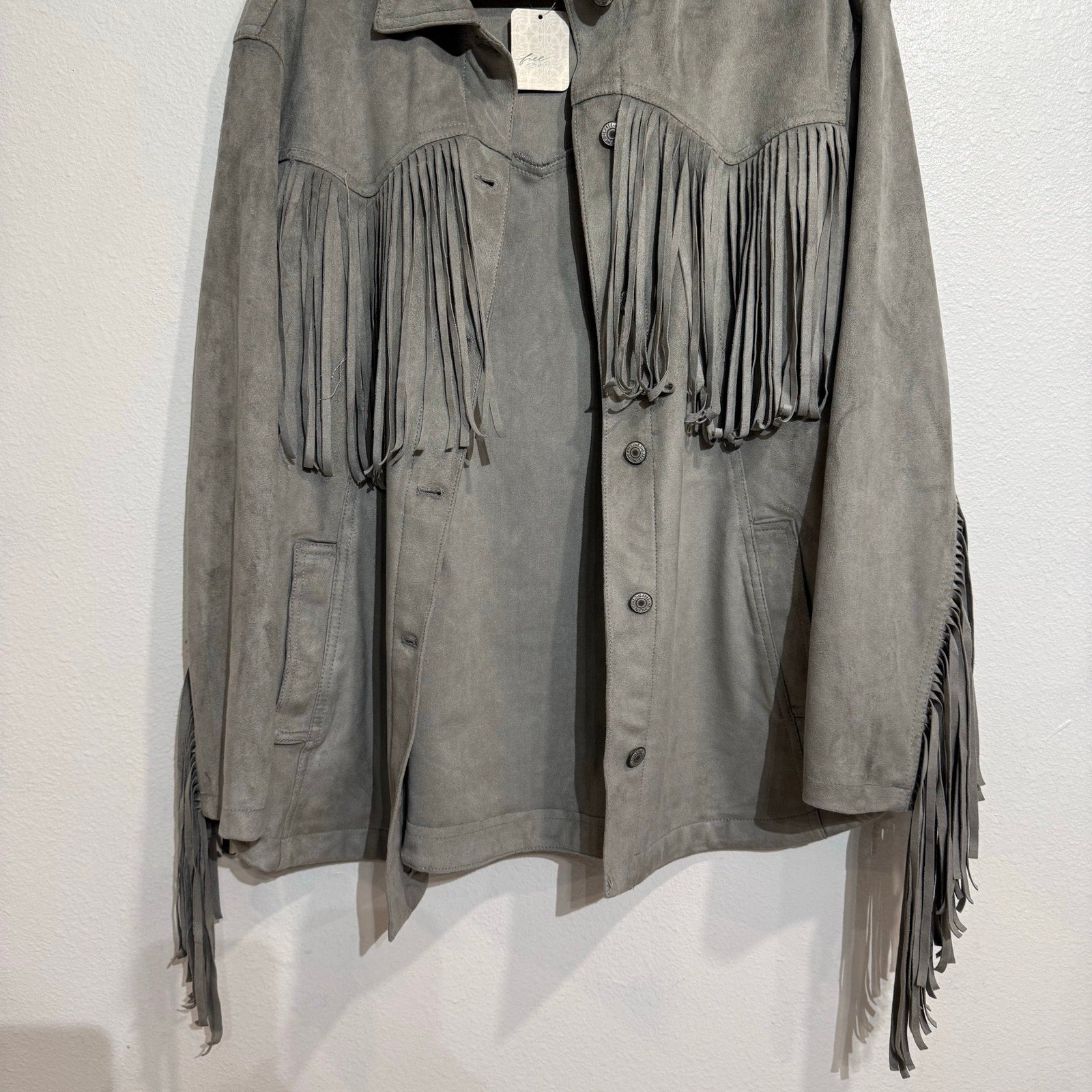 We The Free Flint Gray Fringe Out Vegan Suede Oversized Shacket Sz S NWT