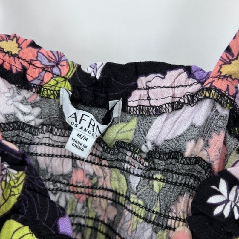 AFRM Black Floral Stein Smocked Crop Top Sz M NWT