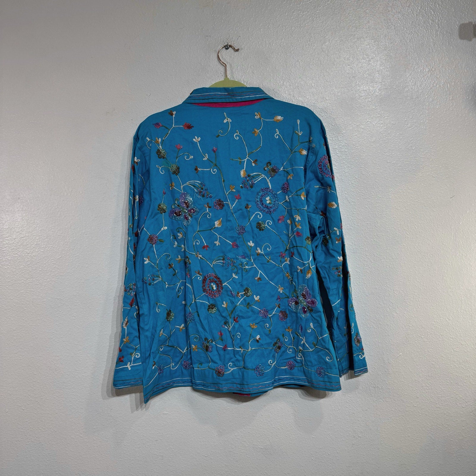 The Quacker Factory Blue Embroidered Beaded Boho Jacket Sz L NWT